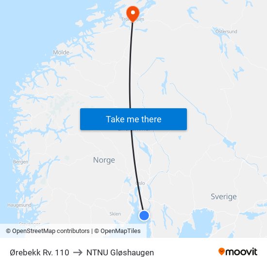 Ørebekk Rv. 110 to NTNU Gløshaugen map