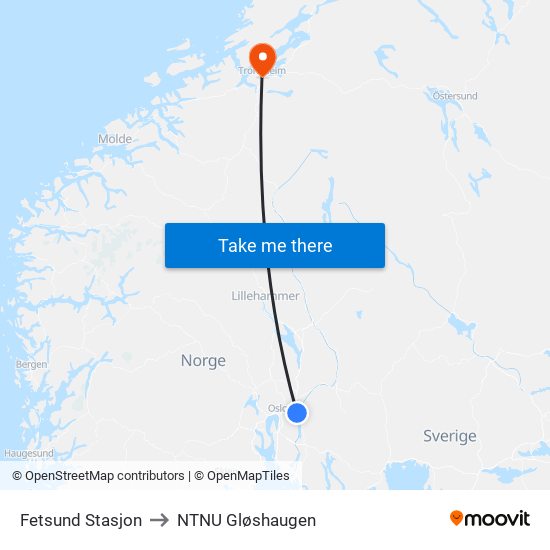 Fetsund Stasjon to NTNU Gløshaugen map