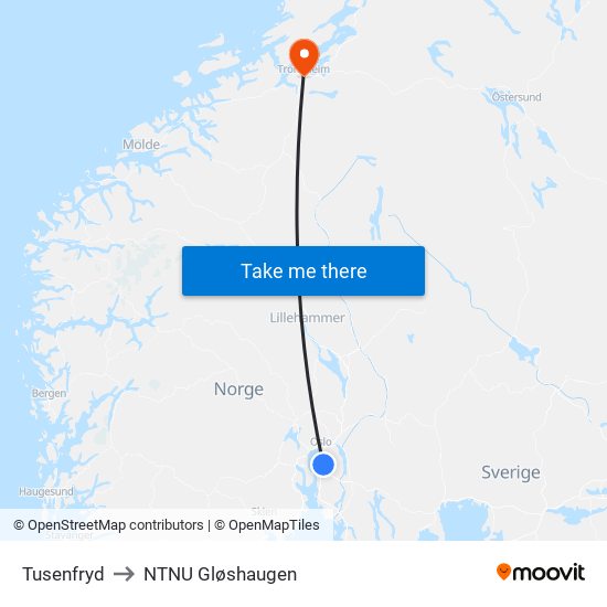 Tusenfryd to NTNU Gløshaugen map