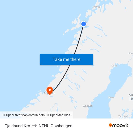 Tjeldsund Kro to NTNU Gløshaugen map