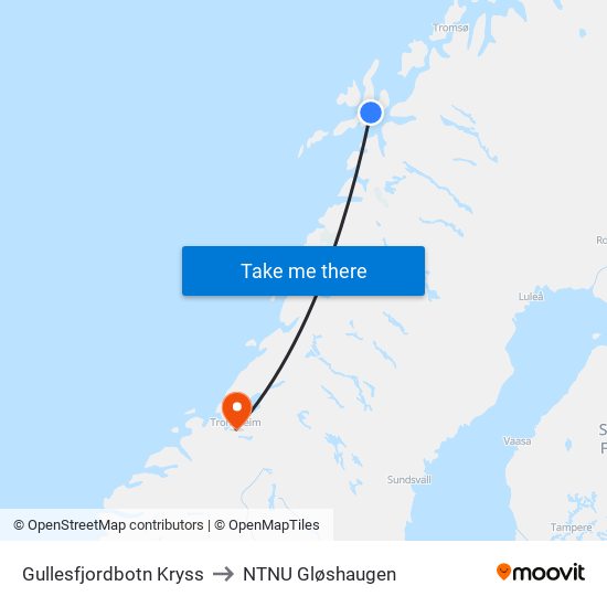 Gullesfjordbotn Kryss to NTNU Gløshaugen map