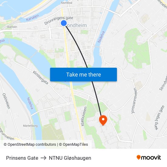 Prinsens Gate to NTNU Gløshaugen map