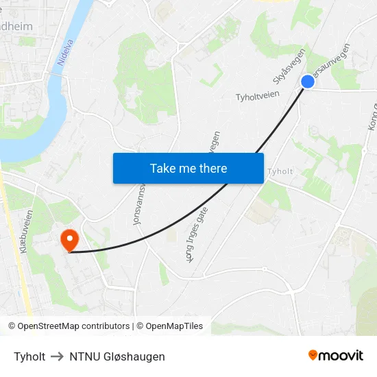 Tyholt to NTNU Gløshaugen map