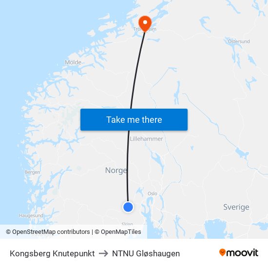 Kongsberg Knutepunkt to NTNU Gløshaugen map