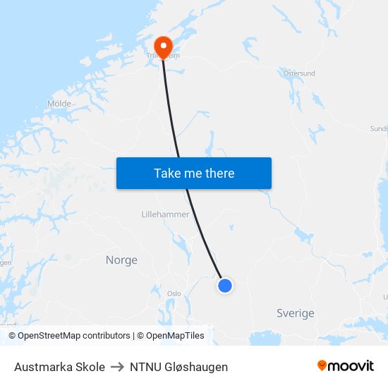 Austmarka Skole to NTNU Gløshaugen map