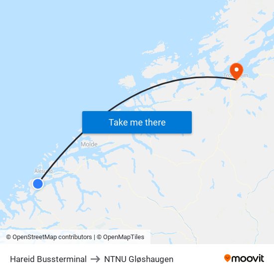 Hareid Bussterminal to NTNU Gløshaugen map
