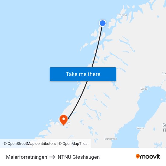 Malerforretningen to NTNU Gløshaugen map