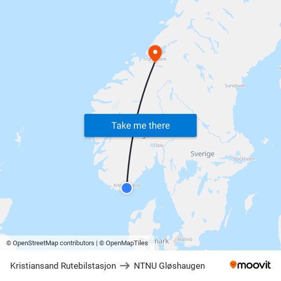 Kristiansand Rutebilstasjon to NTNU Gløshaugen map