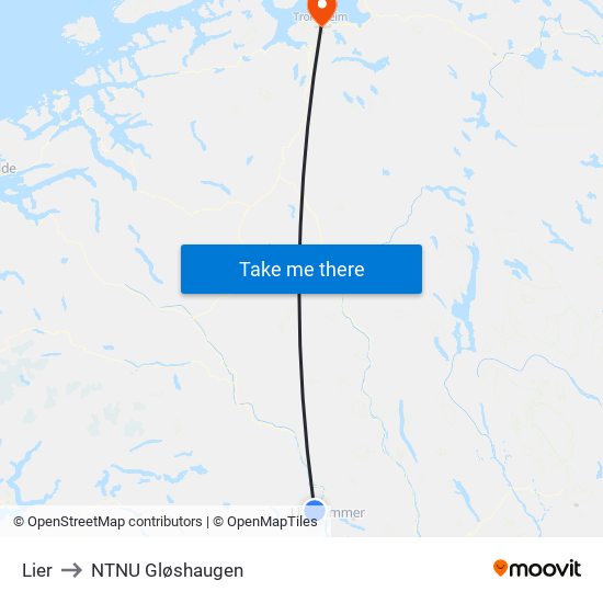 Lier to NTNU Gløshaugen map