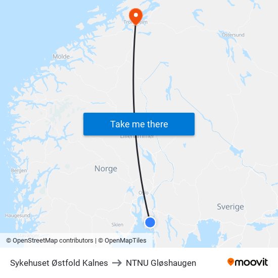 Sykehuset Østfold Kalnes to NTNU Gløshaugen map