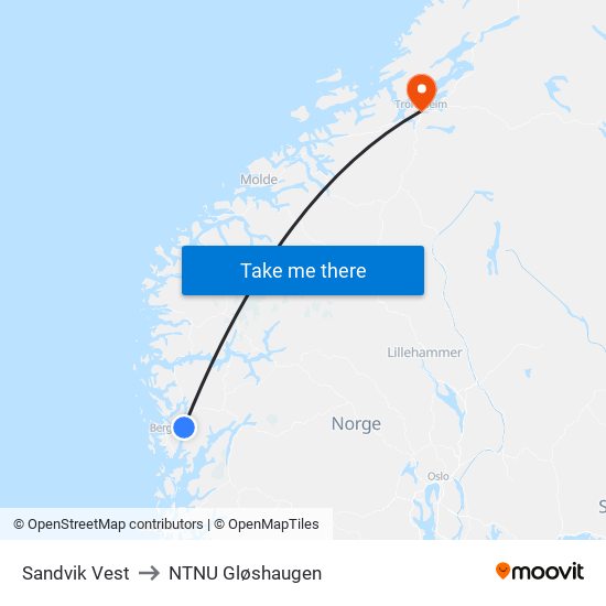 Sandvik Vest to NTNU Gløshaugen map