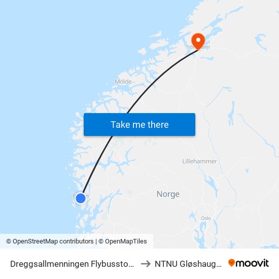 Dreggsallmenningen Flybusstopp to NTNU Gløshaugen map