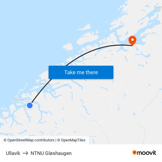 Ullavik to NTNU Gløshaugen map