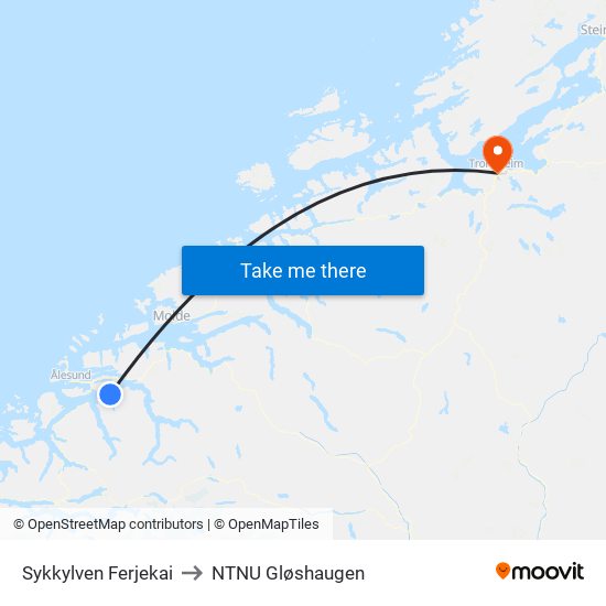 Sykkylven Ferjekai to NTNU Gløshaugen map