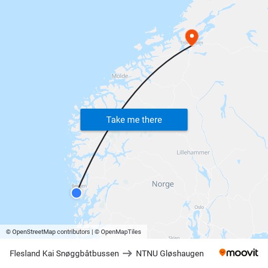 Flesland Kai Snøggbåtbussen to NTNU Gløshaugen map