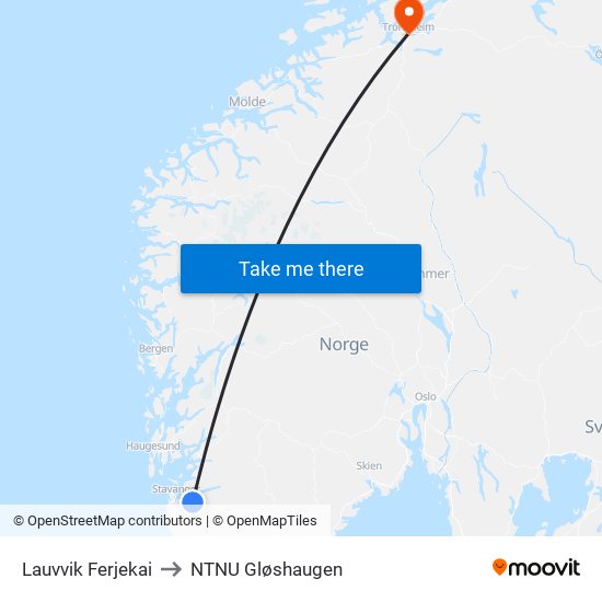 Lauvvik Ferjekai to NTNU Gløshaugen map