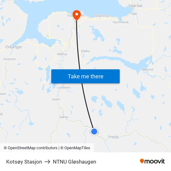 Kotsøy Stasjon to NTNU Gløshaugen map