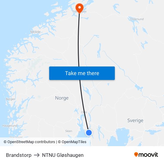 Brandstorp to NTNU Gløshaugen map