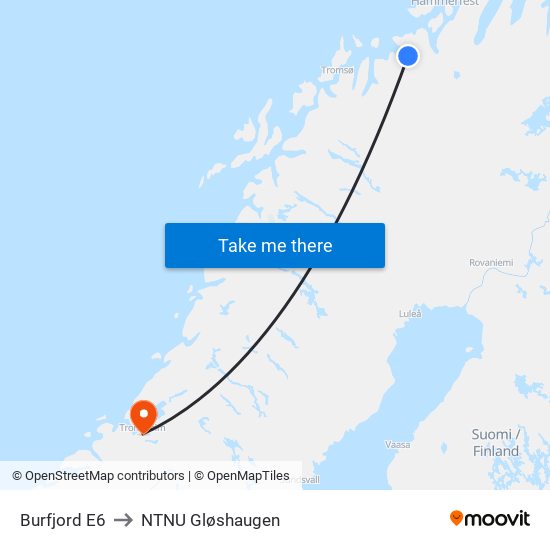 Burfjord E6 to NTNU Gløshaugen map
