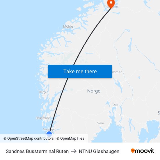 Sandnes Bussterminal Ruten to NTNU Gløshaugen map