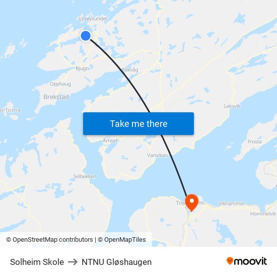 Solheim Skole to NTNU Gløshaugen map