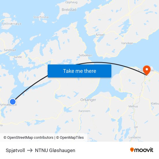 Spjøtvoll to NTNU Gløshaugen map