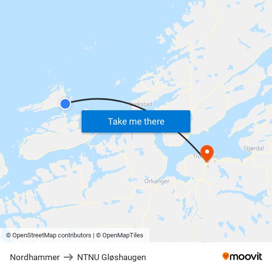 Nordhammer to NTNU Gløshaugen map