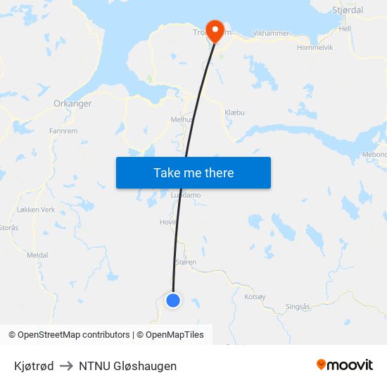 Kjøtrød to NTNU Gløshaugen map