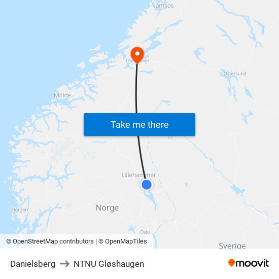 Danielsberg to NTNU Gløshaugen map