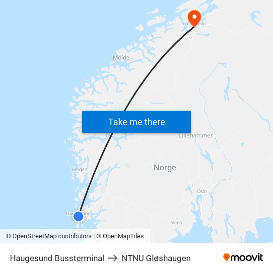 Haugesund Bussterminal to NTNU Gløshaugen map