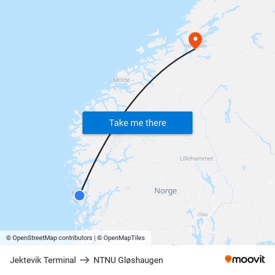 Jektevik Terminal to NTNU Gløshaugen map