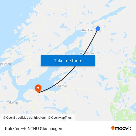 Kokkås to NTNU Gløshaugen map