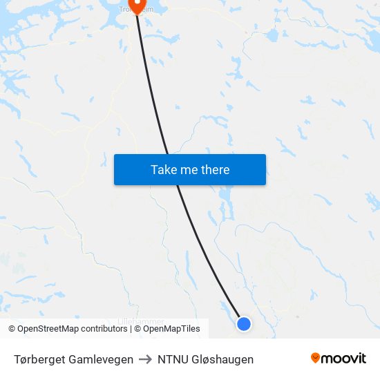 Tørberget Gamlevegen to NTNU Gløshaugen map