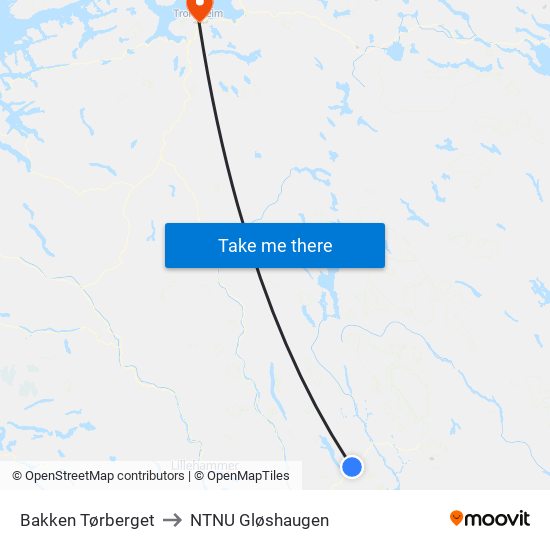 Bakken Tørberget to NTNU Gløshaugen map