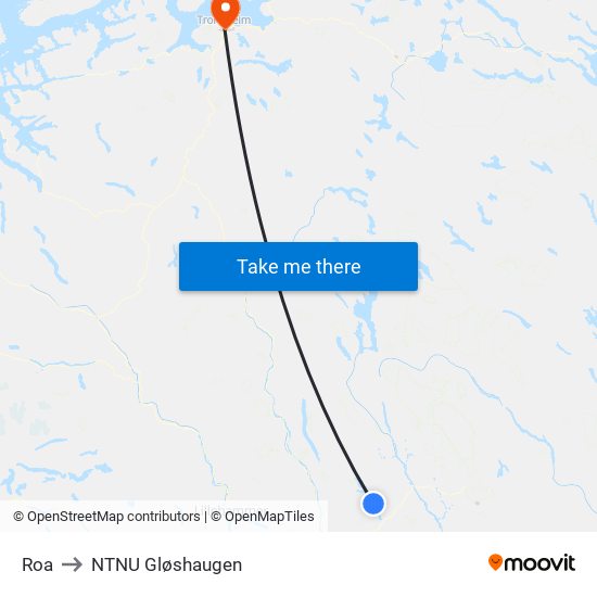 Roa to NTNU Gløshaugen map