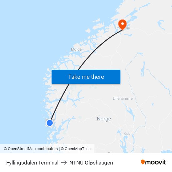 Fyllingsdalen Terminal to NTNU Gløshaugen map