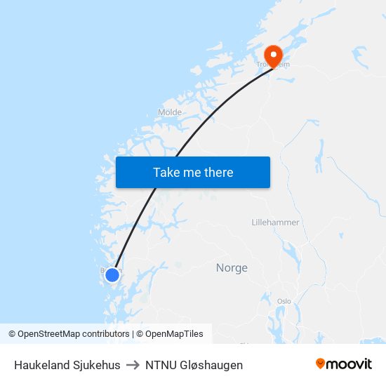 Haukeland Sjukehus to NTNU Gløshaugen map