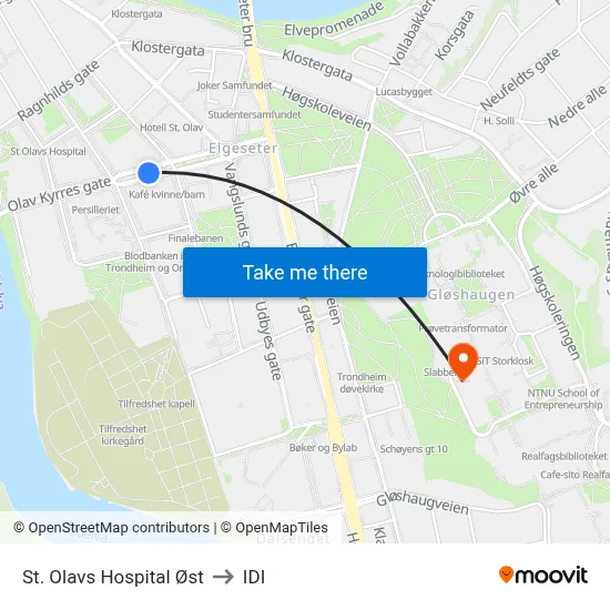 St. Olavs Hospital Øst to IDI map