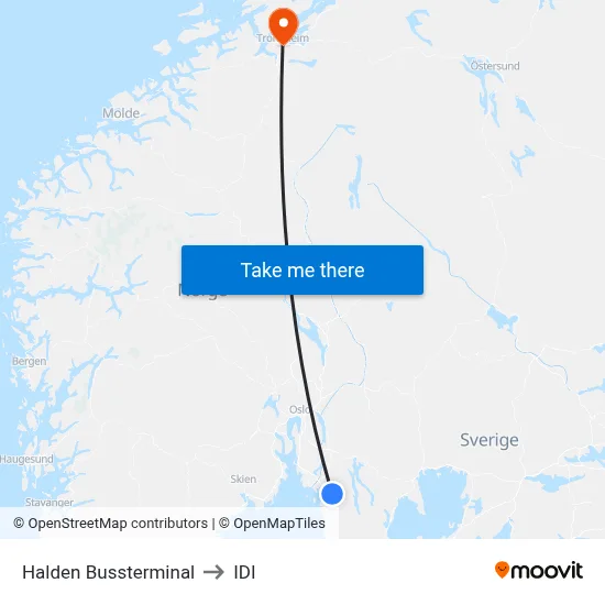 Halden Bussterminal to IDI map