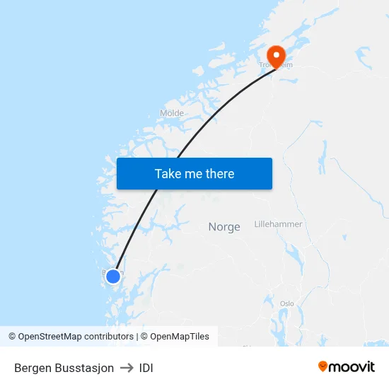Bergen Busstasjon to IDI map