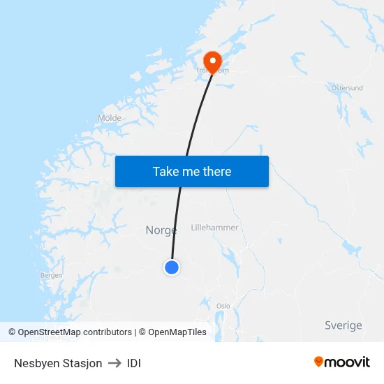 Nesbyen Stasjon to IDI map