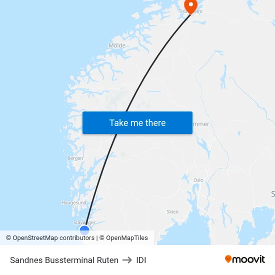Sandnes Bussterminal Ruten to IDI map