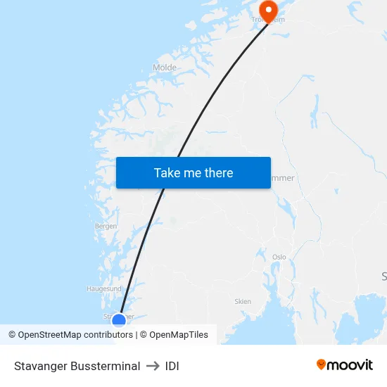 Stavanger Bussterminal to IDI map