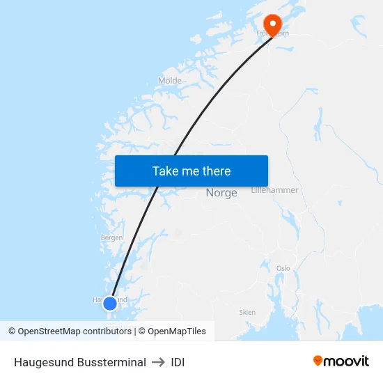 Haugesund Bussterminal to IDI map