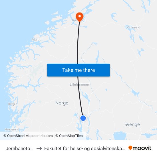 Jernbanetorget to Fakultet for helse- og sosialvitenskap, NTNU map