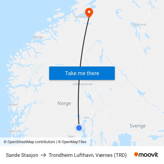 Sande Stasjon to Trondheim Lufthavn, Værnes (TRD) map