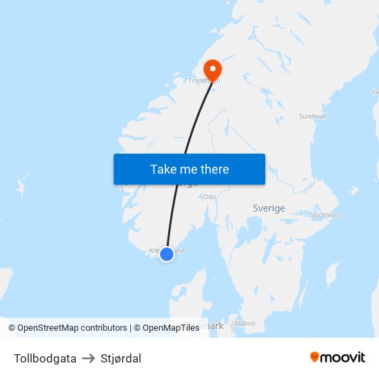 Tollbodgata to Stjørdal map