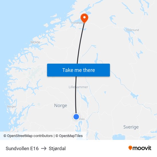 Sundvollen E16 to Stjørdal map