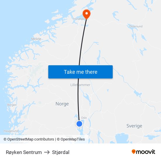 Røyken Sentrum to Stjørdal map