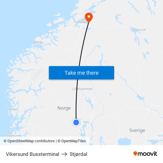 Vikersund Bussterminal to Stjørdal map